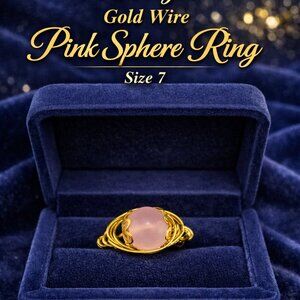 Unique Vintage Womens Gold Wire Ring With Pink Sphere, Size 7